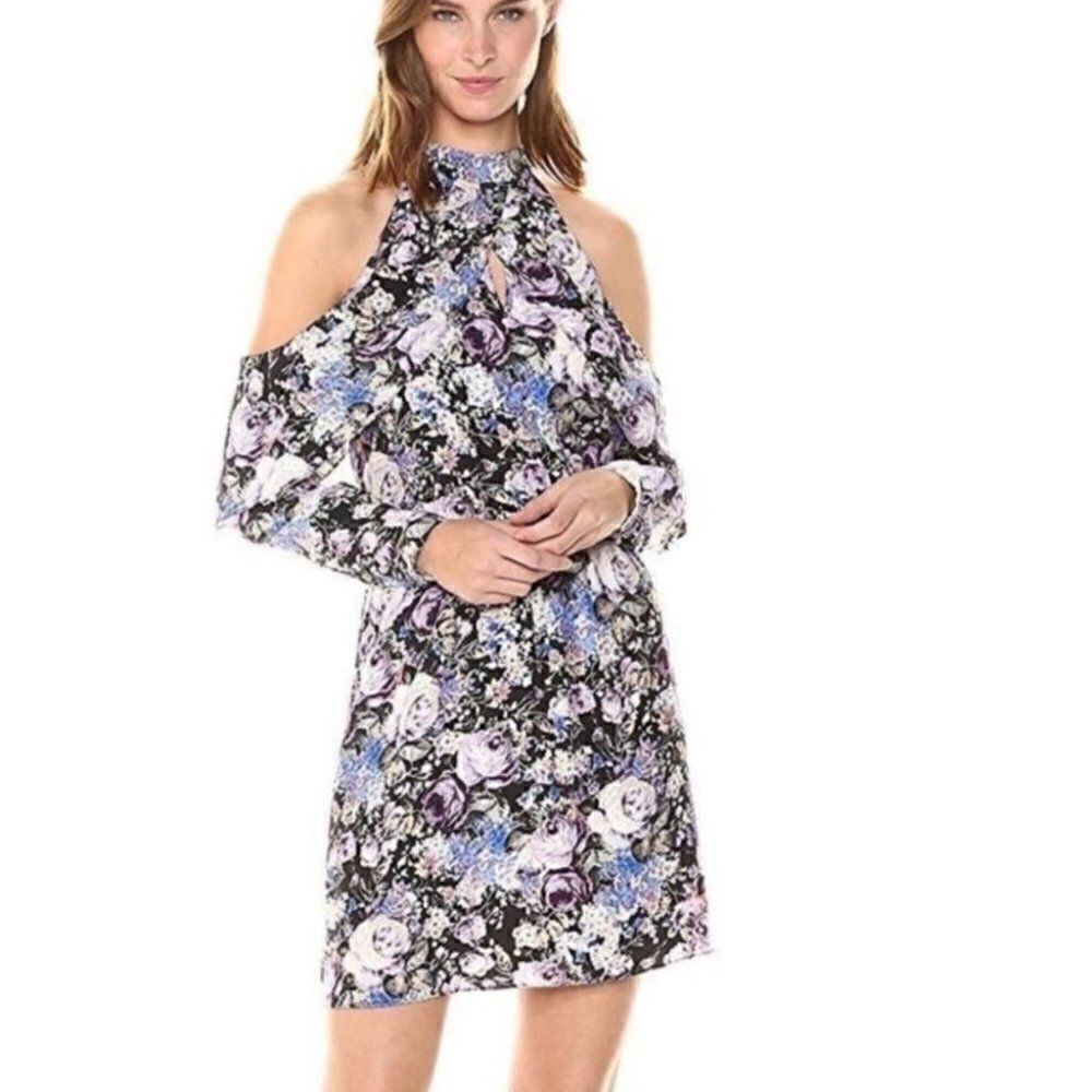 Parker Nyc Noemi 100% Silk Floral Cold Shoulder Mock Neck Dress Xs